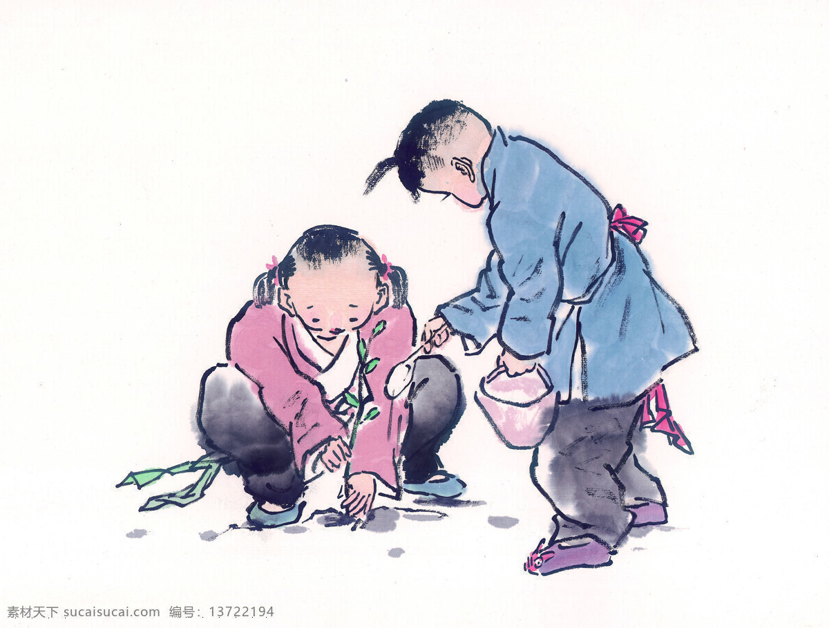 栽树 儿童 水彩画 水墨画 中国画 国画 绘画艺术 传统文化 古典 人物绘画 孩子 童子 种树 书画文字 文化艺术