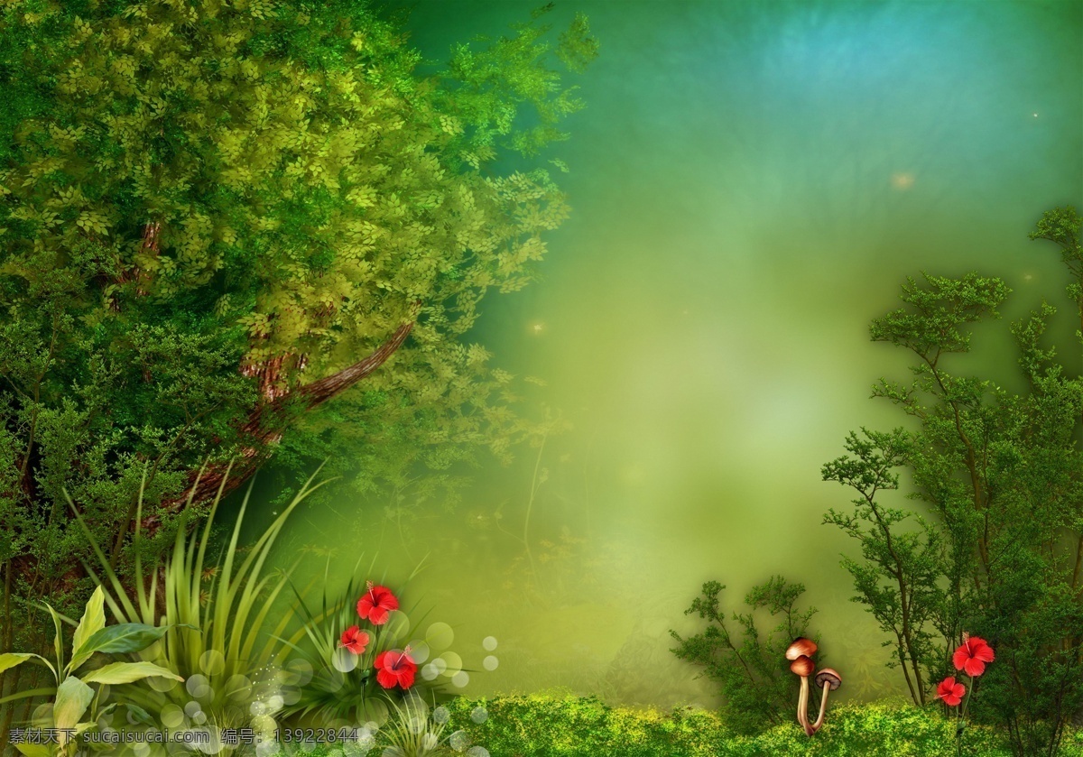 儿童 插画 背景 素材图片 梦幻背景 花朵 鲜花 草地 树林 树木 卡通背景 手绘 山水风景 风景图片