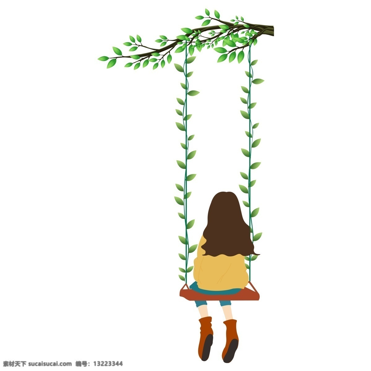 坐在 秋千 上 的卡 通 女孩 背影 元素 绿色 卡通女孩 绿树枝 元素设计 荡秋千的女孩