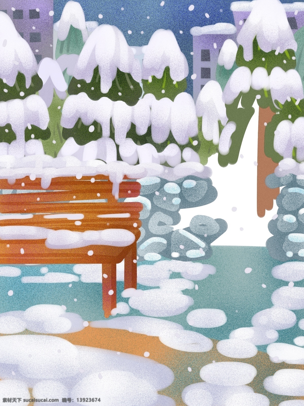手绘 冬日 城市 背景 长椅上的雪 冬天 冬季背景 雪景背景 遇见冬天 背景素材 广告背景