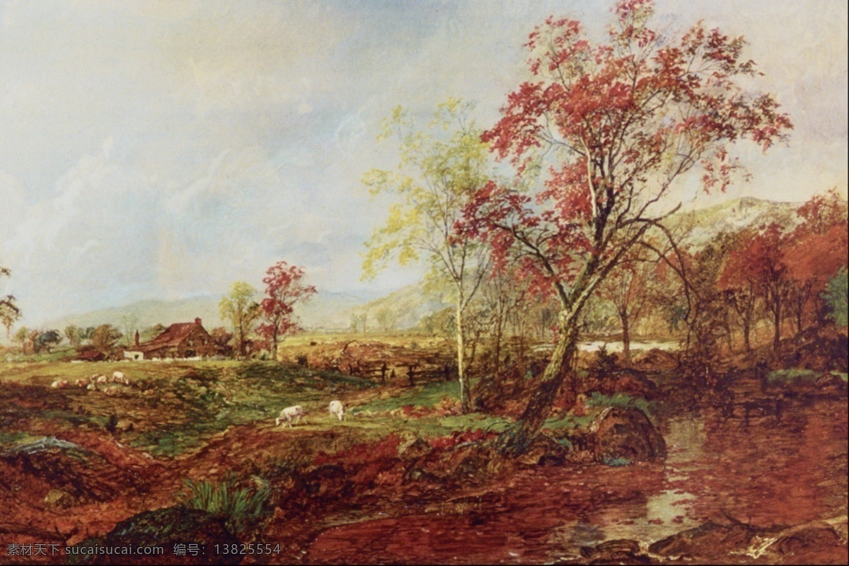美丽 乡村 房子 美丽乡村 山羊 树木 油画 装饰素材