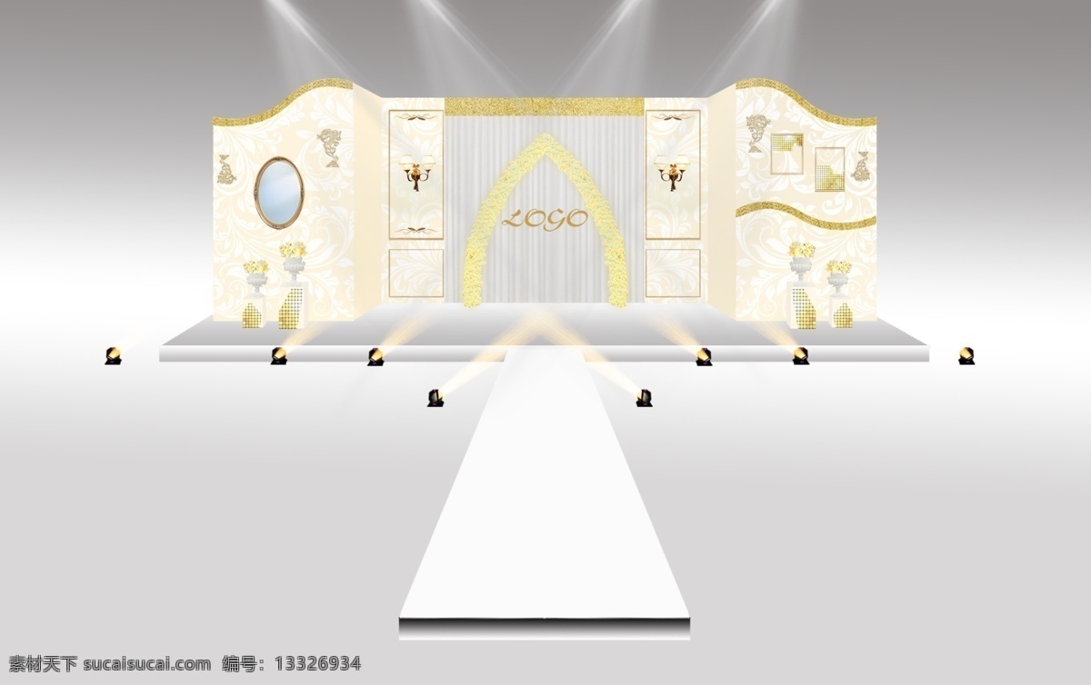 香槟 色 欧式 异形 花纹 婚礼 主 背景 展示 效果图 香槟色 欧式花纹 异形造型 壁灯 相框 花门 布艺 灯光舞美 舞台