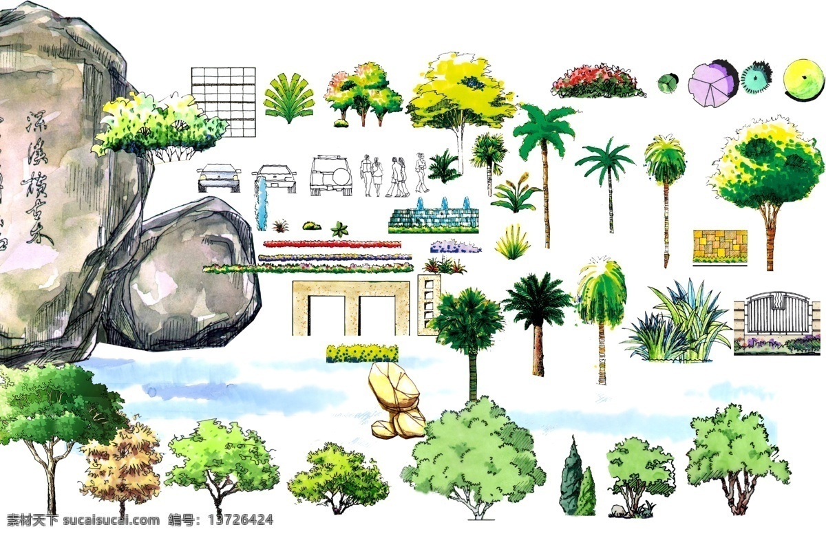 手绘园林小品 分层 花圃 建筑园林 绿色植物 苗木 树木 植物素材 自然景观 假山 手绘 白色