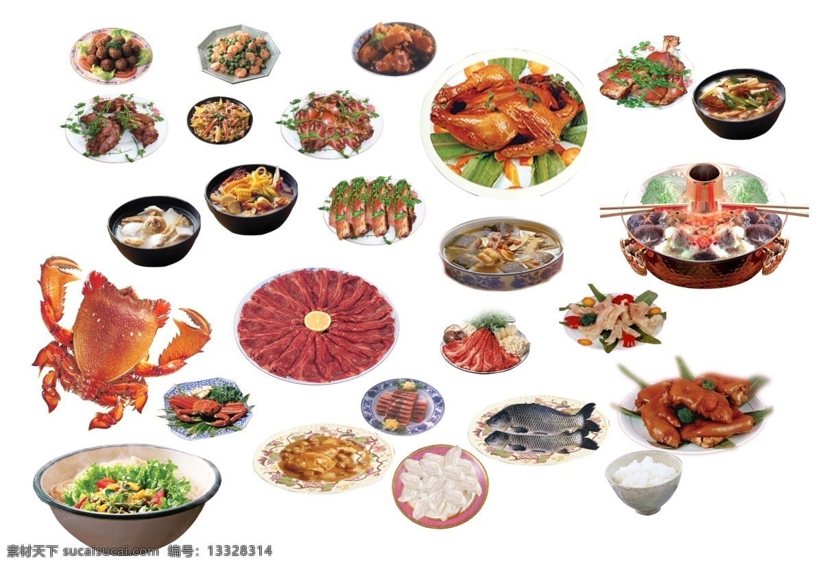 餐桌 上 各种 菜品 小笼包 米饭 火锅 饺子 猪手 鱼 砂锅 烩菜 分层 源文件