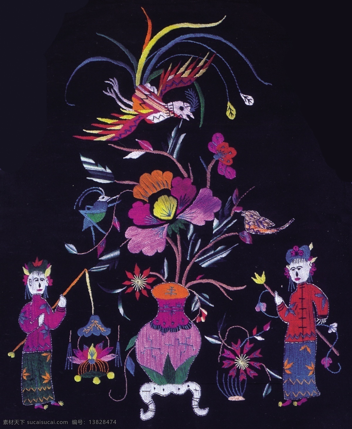 花鸟 国画 分层 源文件 花鸟国画 民间艺术 绣花 中国 传统 元素 整合 花鸟刺绣 文化艺术