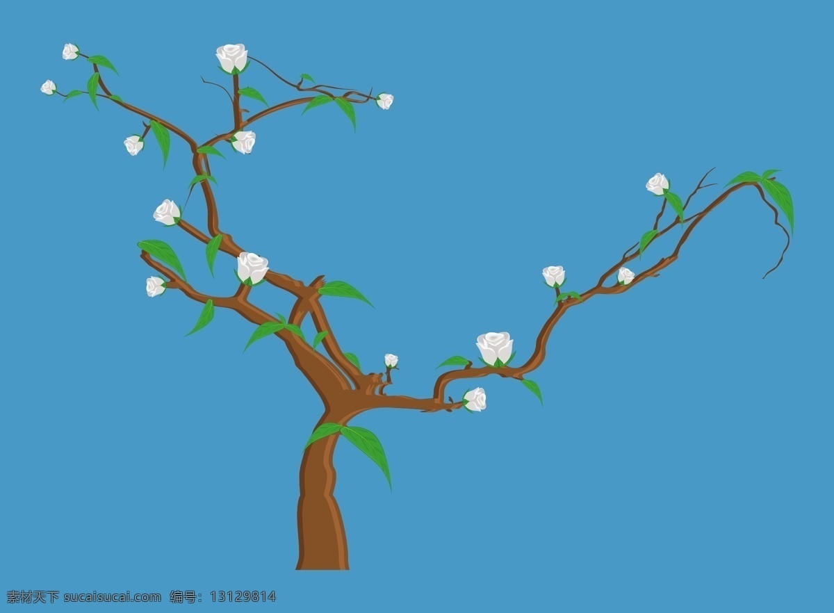 白色 花朵 树枝 矢量 插画 青色 天蓝色