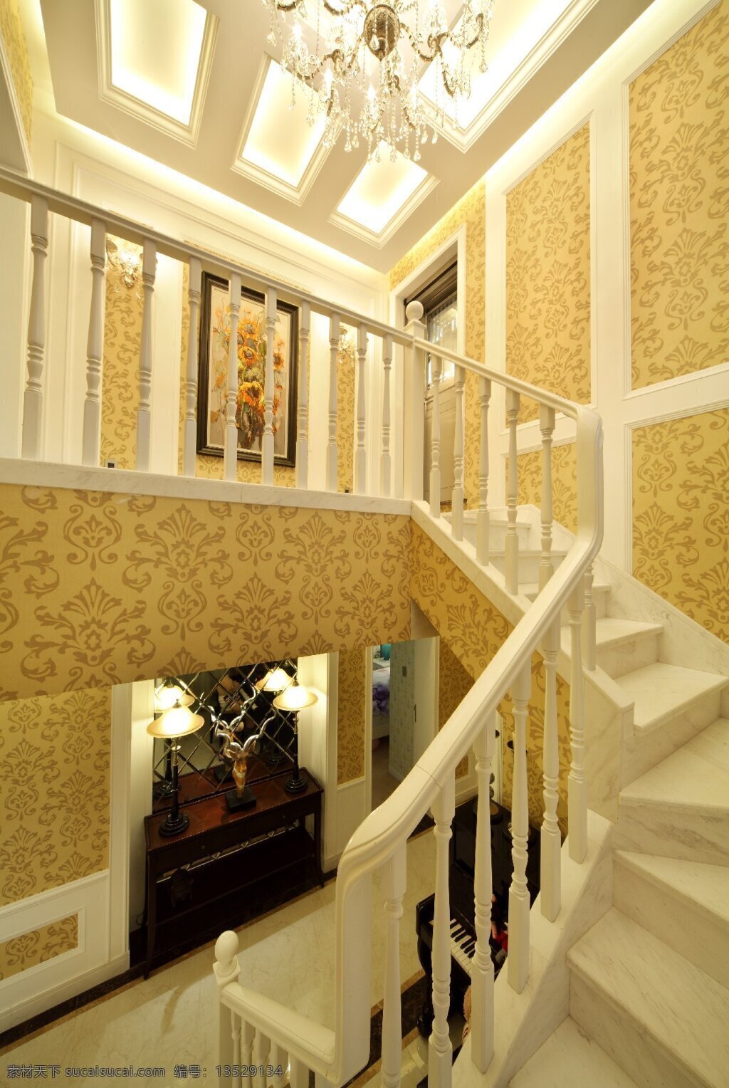 跃层 别墅 楼梯 装修 效果图 跃层别墅 楼梯装修 象牙白 室内设计 装饰设计 植物花纹墙纸
