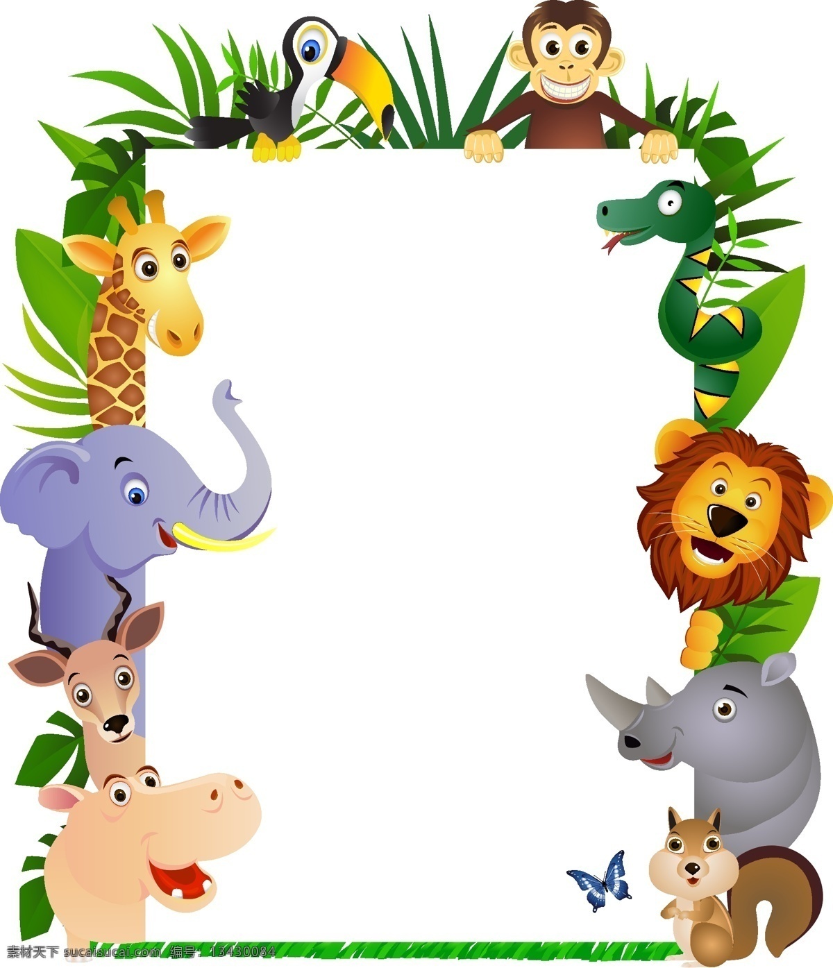 卡通相框 卡通 卡通动物 猴子 鹦鹉 鹿 大象 河马 松树 狮子 相框 边框 儿童相框 矢量素材 边框相框 底纹边框 矢量