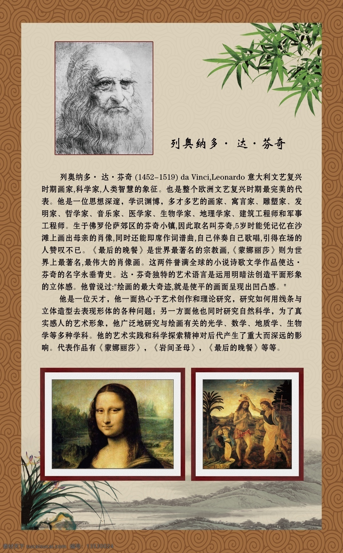 达芬奇挂画 达芬奇海报 美术教室 美术挂画 人物挂画 画家 水墨 竹子 兰 展板 看板 咖啡色看板 褐色展板 设计图 展板模板