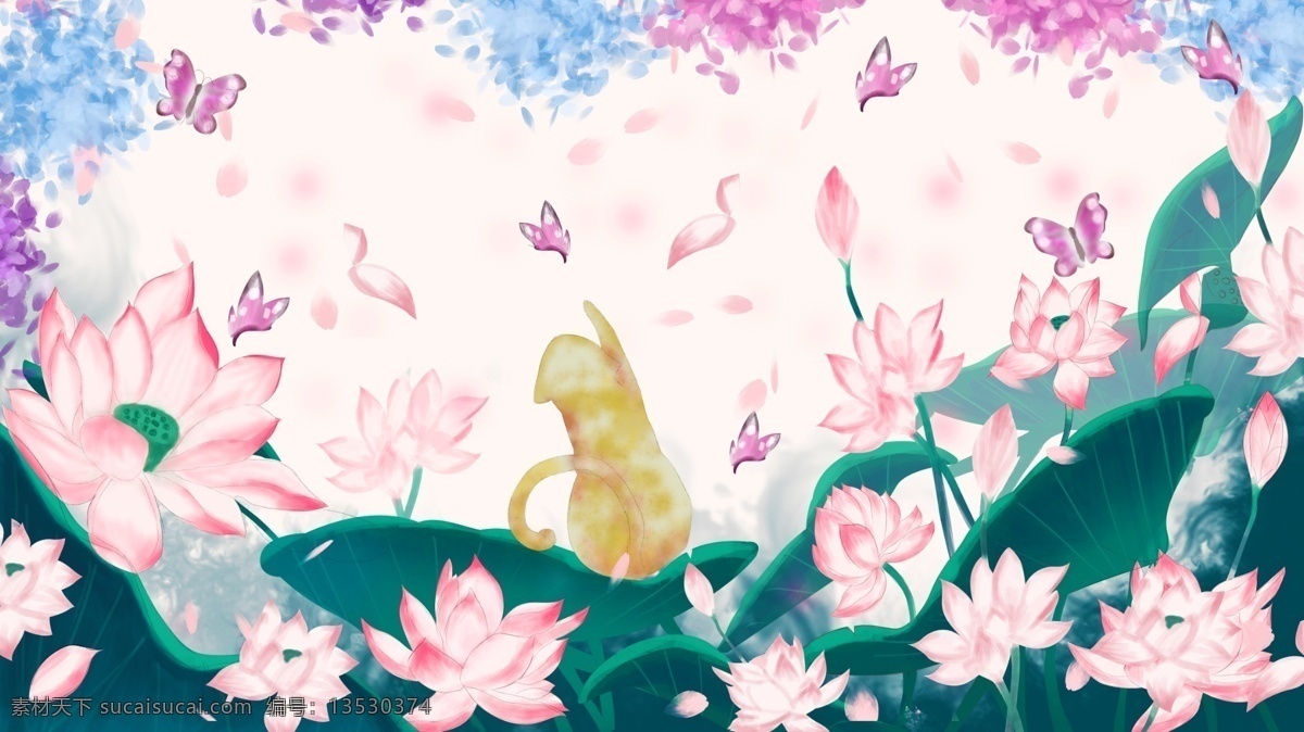 原创 手绘 插画 花卉 植物 复古 写实 猫 荷花 蝴蝶 花瓣 荷叶 原创手绘插画 花