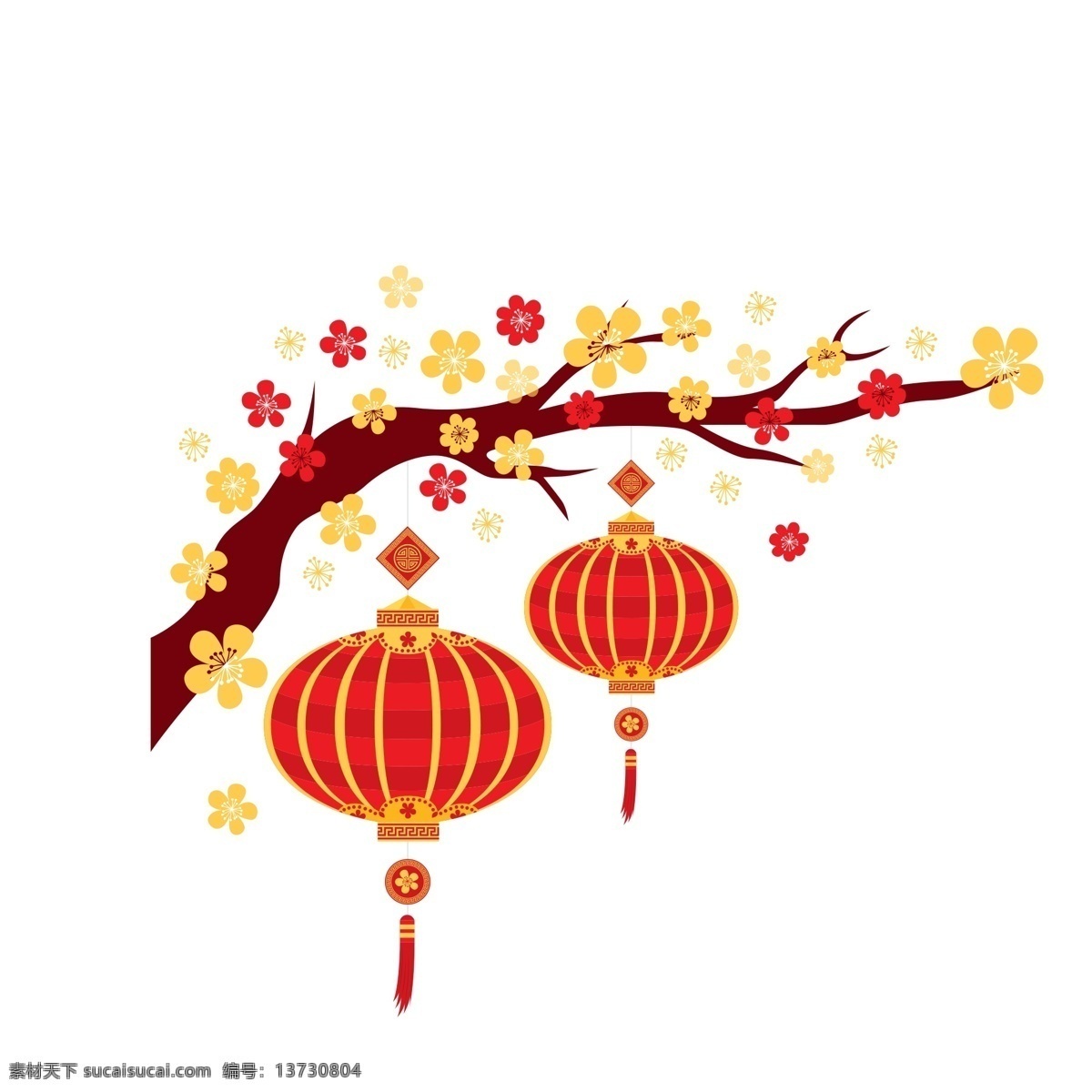 喜庆 花枝 灯笼 元素 树枝 设计元素 简约 新年 手绘 装饰图案 元素设计 psd元素 猪年