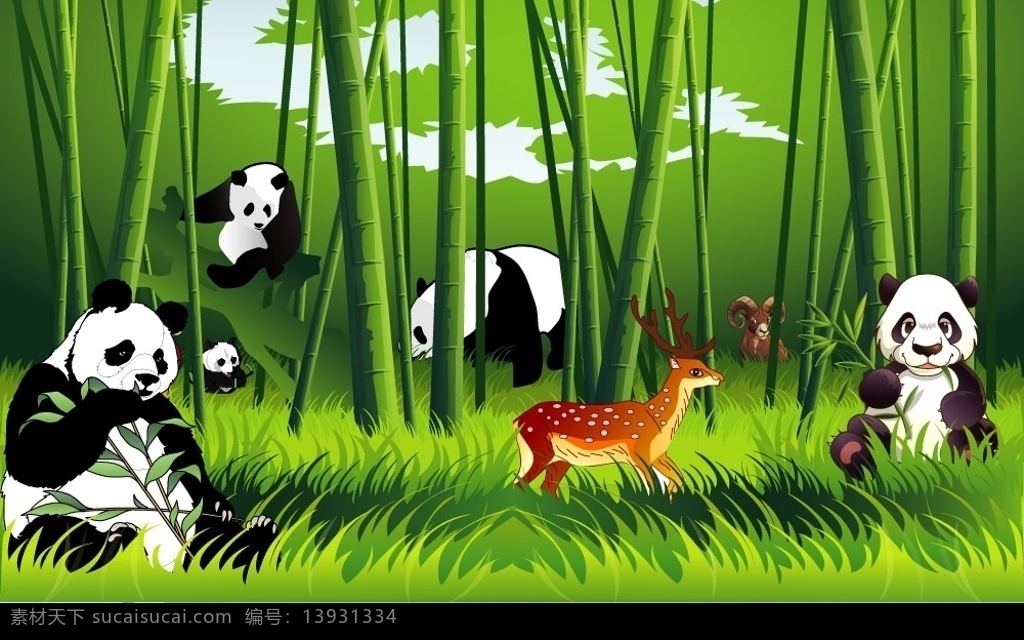 熊猫 竹林 动物 竹子 梅花鹿 铃羊 绿地 ai矢量文件 生物世界 野生动物 矢量图库