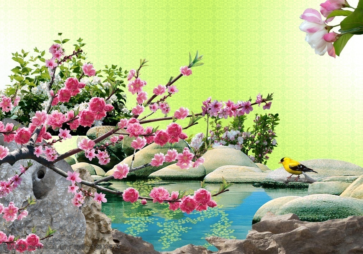 小鸟 石头 梅花 美丽梅花 水 池塘 花朵 梅兰竹菊 叶子 绿叶 风景 风景画 风景图 风景图片 分层