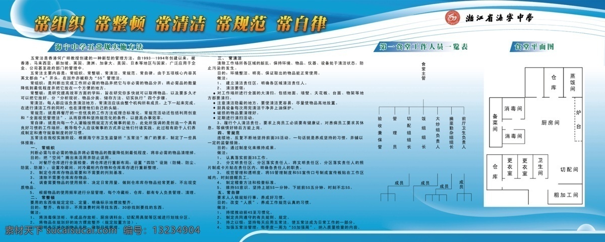 学校公示栏 公示栏 五常法 无常法内容 蓝色条纹边 校徽 校标 食堂 工作人员 一览表 食堂平面图 蓝白渐变背景 透明气泡 造型边缘 分层 源文件