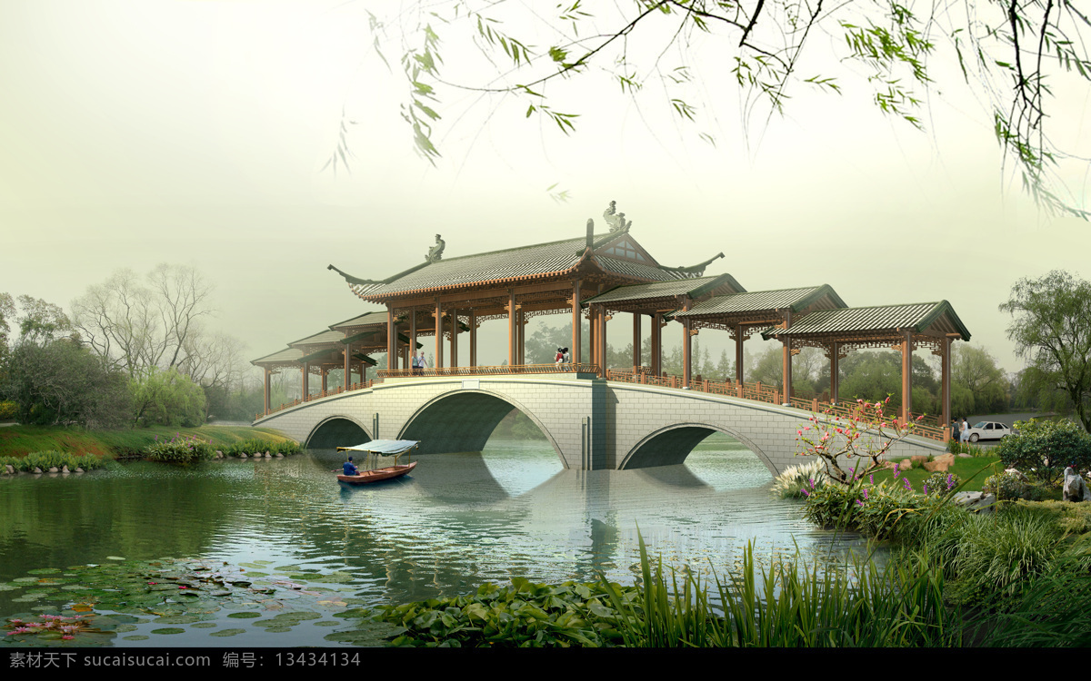 黄昏 仿古 桥 仿古桥 河流 园林 环境 杨柳 马头墙 景观设计 环境设计
