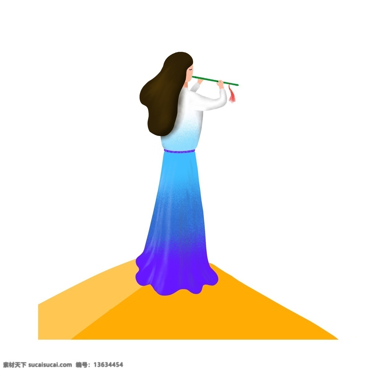 沙漠 吹箫 演奏者 白 蓝紫色 长裙 女孩 白蓝紫色长裙 手绘 人物