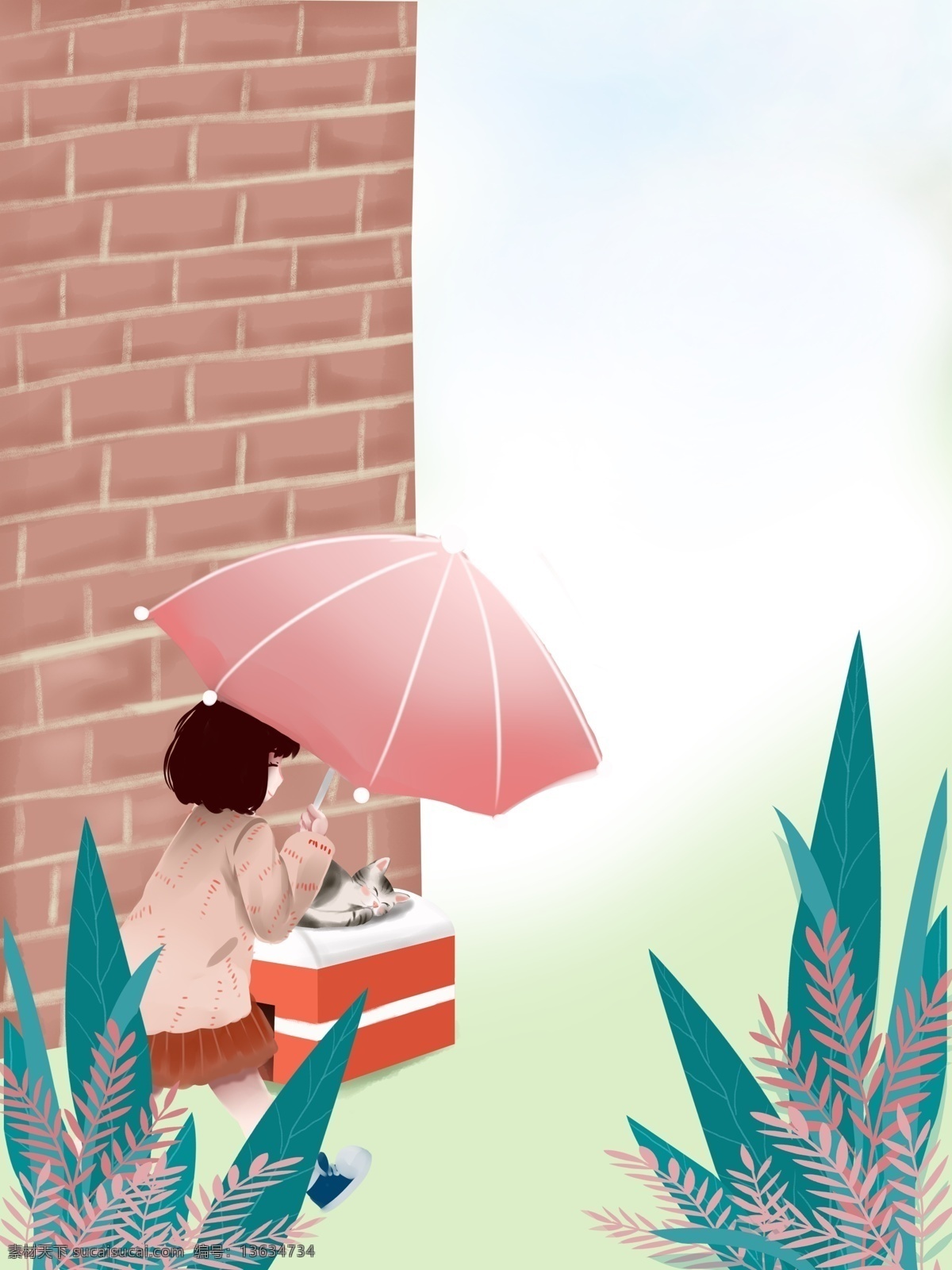 春季 手绘 打伞 女孩 背景 打伞女孩 植物 绿叶 红叶 红墙 猫