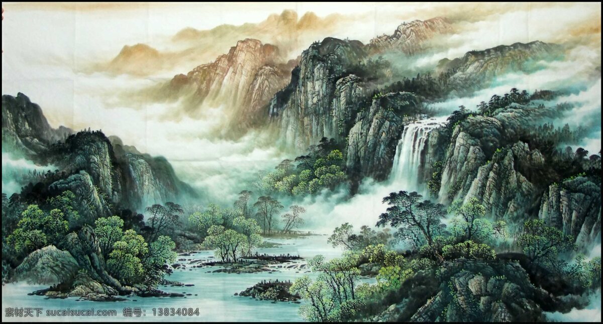 壮丽 山河 水墨 云朵 家居装饰素材 山水风景画