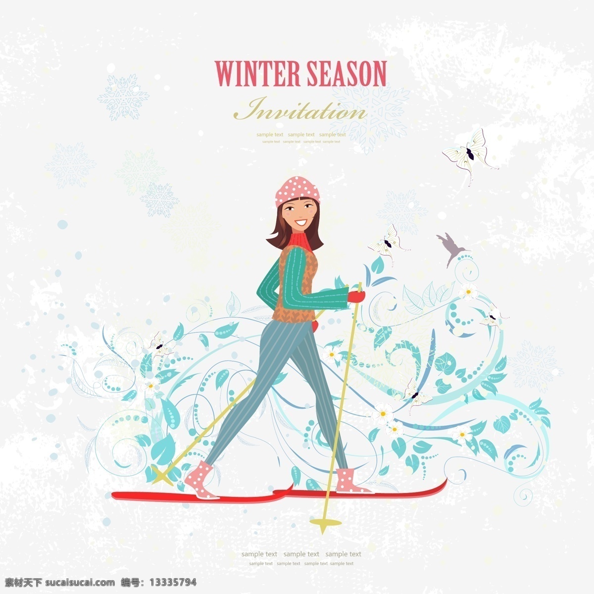 卡通 手绘 滑雪 女人 插画 花纹 人物 体育 运动