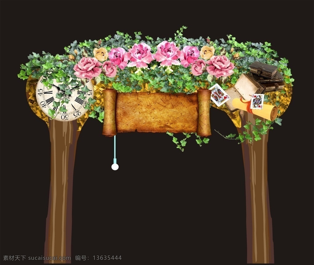 婚礼 森 系 拱 花门 森系 拱门 钟 旧牛皮纸 旧古书 树 草藤