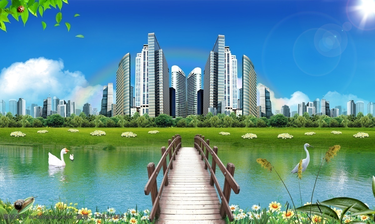 蓝天 白云 草地 蓝天白云 蓝天草地 风景 自然风景 景色 草 树 树丛 树叶 落叶 瓢虫 花 花丛 蜗牛 桥 木桥 河 河水 清澈 大厦 建筑 房地产 彩虹 鹅 天鹅 背景 展板 模版 宣传栏 海报 美景 秀丽风景 清爽 春天 空旷 光 阳光 广告 分层 源文件