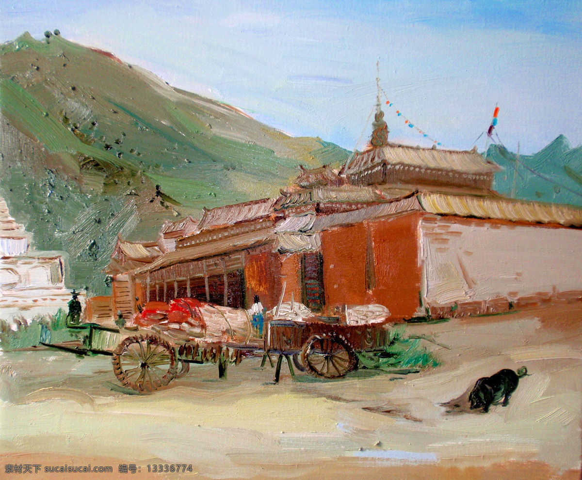 房屋 风景 绘画书法 美术 人物 山岭 文化艺术 油画 高原景 西北 手拖车 油画艺术 油画作品38