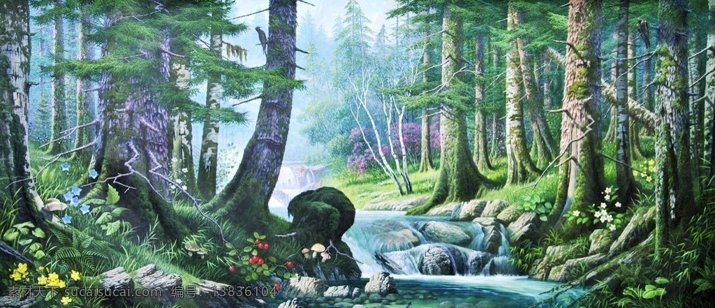 丙烯 森林 布面油画 丙烯画 小溪 流水 松树 蘑菇 黄花 啄木鸟 抽象 现代 油画 装饰画 无框画 装饰油画 绘画书法 文化艺术