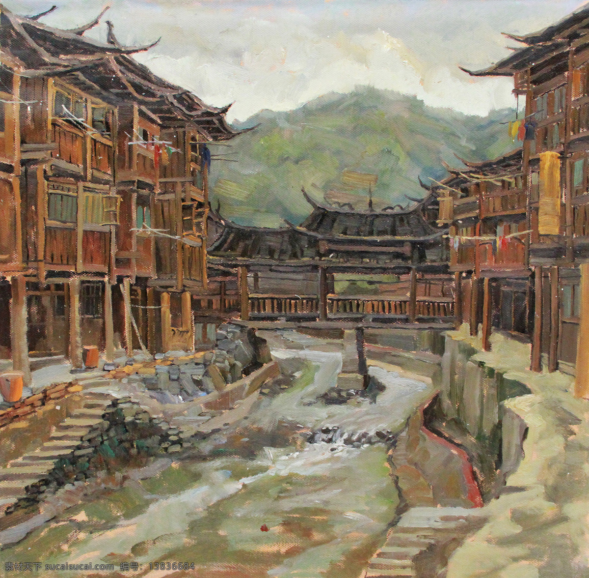 侗寨风情 美术 油画 风景 乡野 侗寨 房屋 木楼 小溪 油画艺术 绘画书法 文化艺术