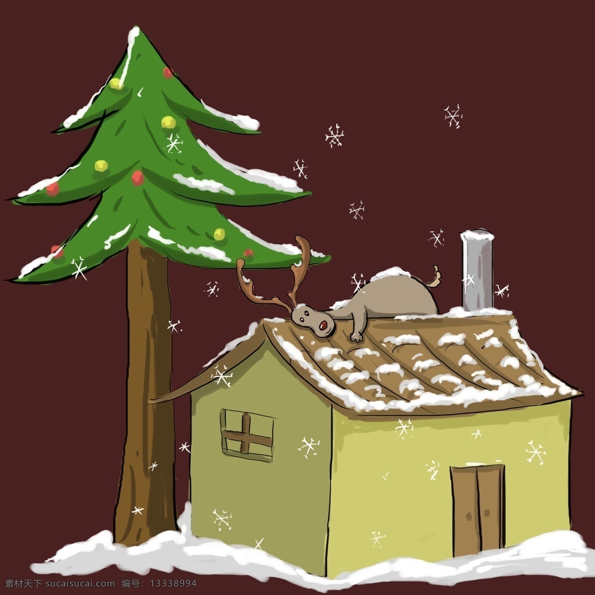 圣诞节 麋鹿 雪景 场景 元素 房子 雪地 圣诞树 雪花