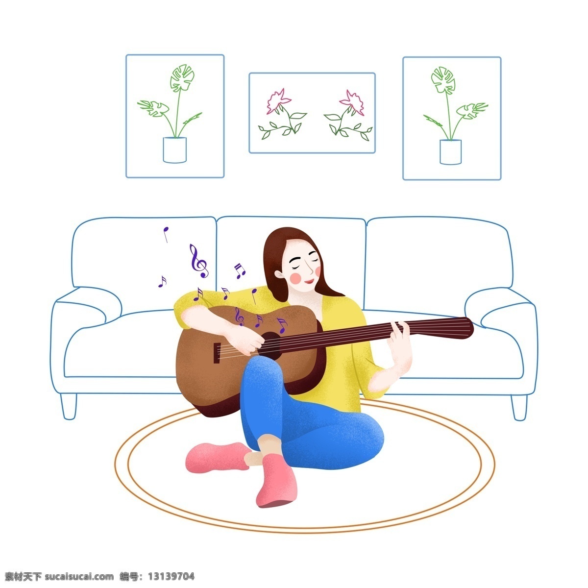 手绘 虚实 象生 风格 坐 沙发 前 弹 吉他 女生 手绘女生 元素 线条沙发 线条植物 弹吉他的女生 坐地上的女生