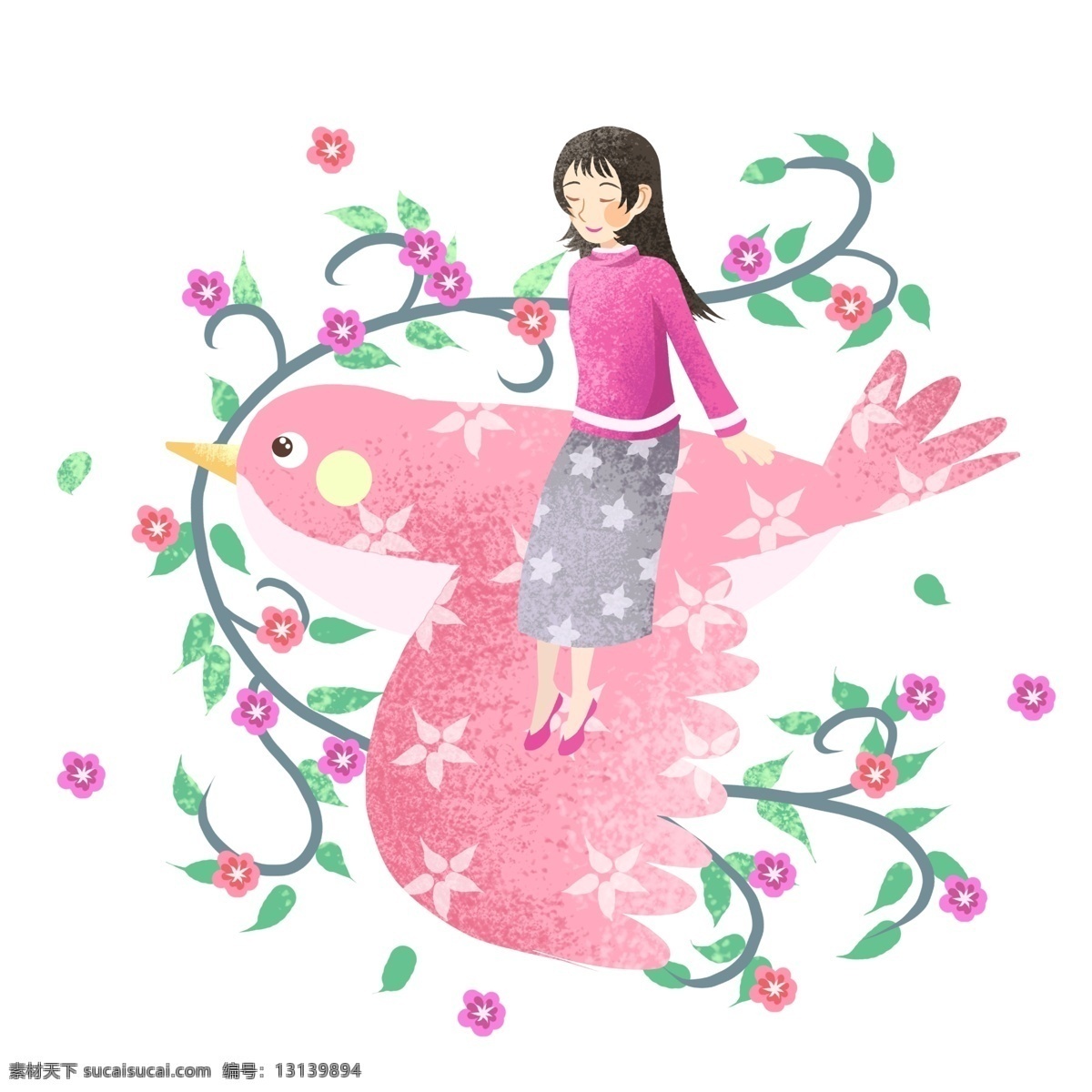 踏青 坐在 小鸟 女孩 踏青人物插画 坐在小鸟女孩 粉色的小鸟 红色的小花 绿色的叶子 植物装饰