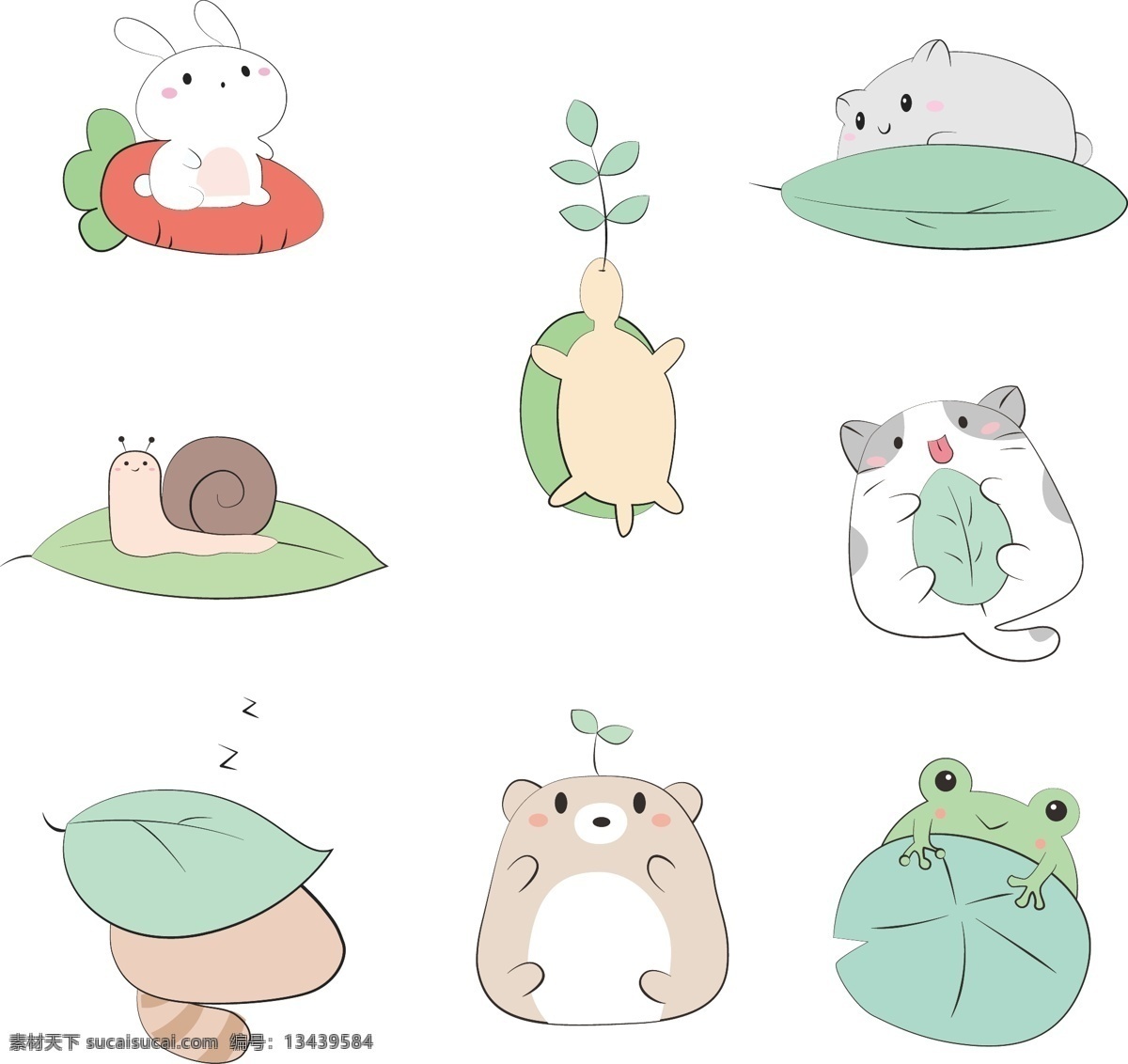 卡通 玩耍 树叶 小 动物 作 套 图 手绘 可爱 小清新 小兔子 小仓鼠 蜗牛 乌龟 小猫 小浣熊 青蛙