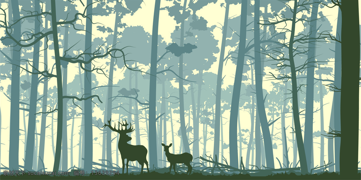 鹿 麋鹿 创意森林绘画 创意 绘画 简易 风景 蓝色 装饰画 卡通 抽象 树林 森林 手绘 场景 原画 自然景观丶 动漫动画 风景漫画