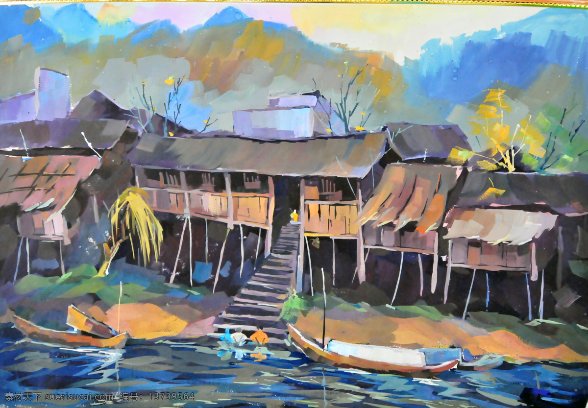 油画 湖泊 茅草屋 名画 艺术 绘画 文化艺术 艺术品 世界名画 书画文字