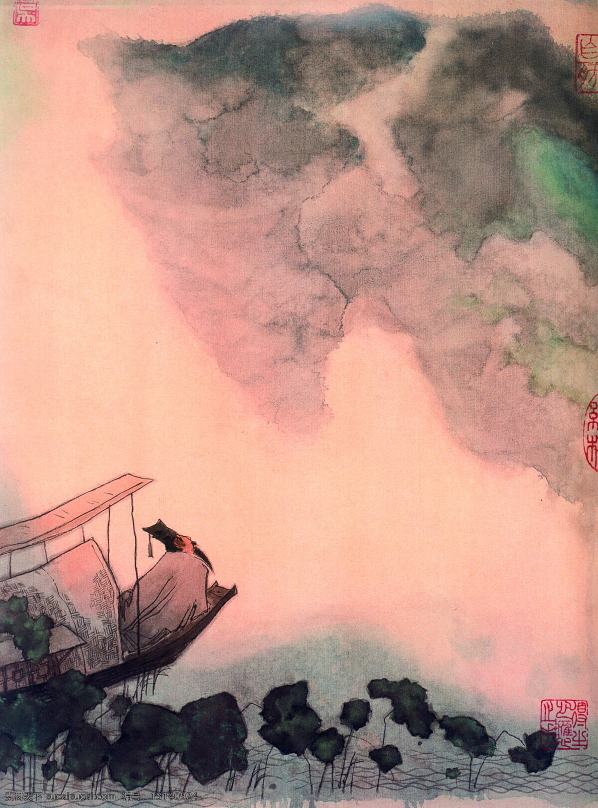 中国 泼墨 山水画 诗人 水墨 小船 印章 书法 古典 家居装饰素材 山水风景画
