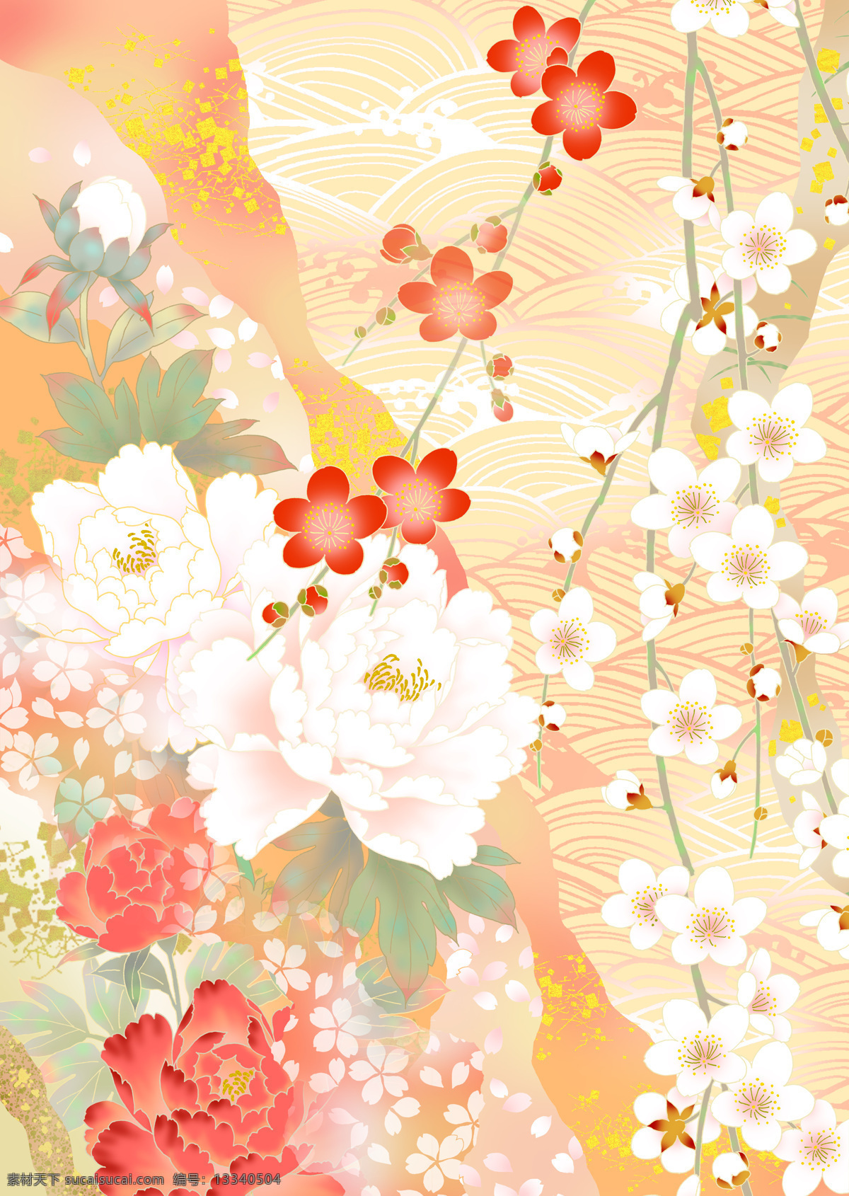 日本 风格 中 色彩 背景图片 黄色 梅花 牡丹花 水纹 樱花 红色梅花 浪漫色彩 底纹边框