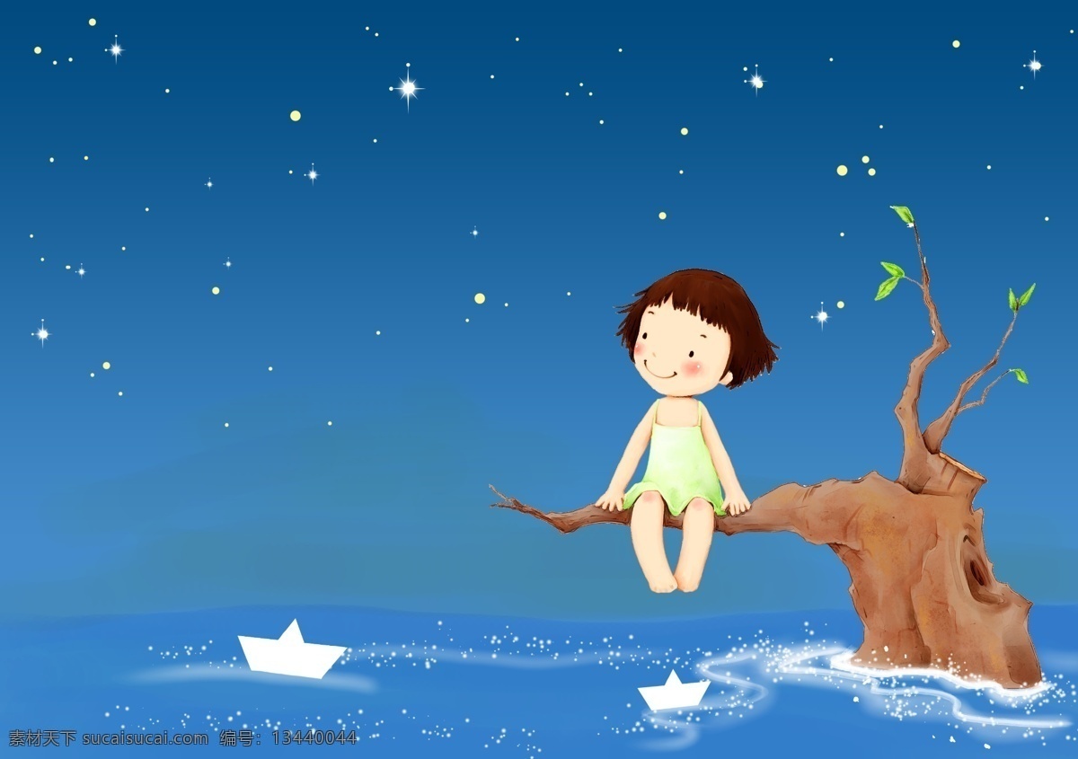 远方 星星 小船 大海 动漫人物 小孩 可爱 分层
