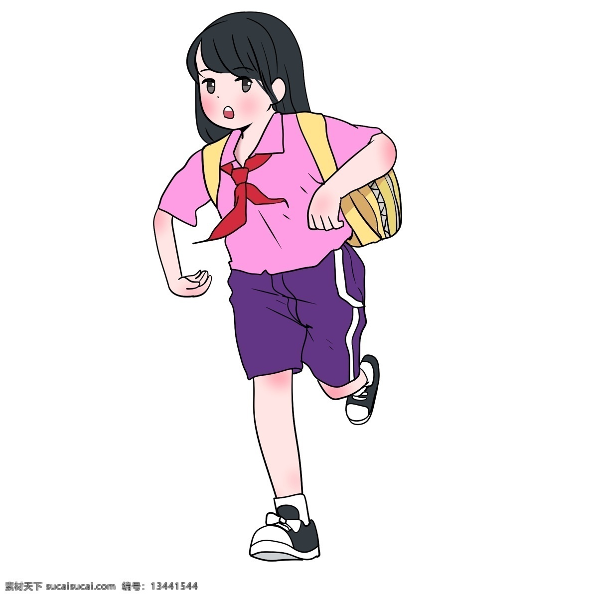 飞奔 女孩 上学 插画 跑着上学女孩 开学季学生 穿校服女学生 黄色书包文具 卡通学生 飞奔的女孩
