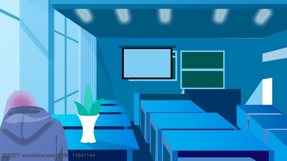 原创 插画 夏季 教室 女孩 复习 学习 黑板 花瓶