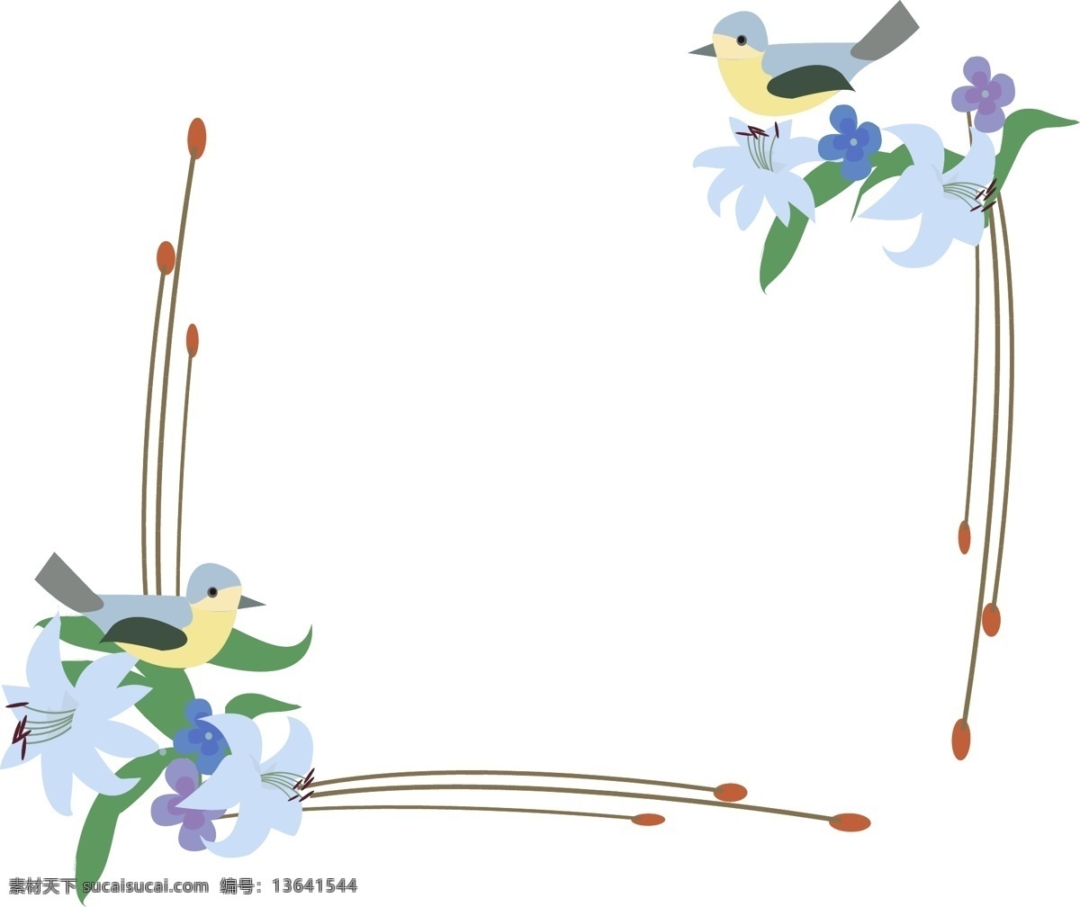 带 白 合 花朵 小鸟 边框 矢量图 花朵小鸟边框 百合花 丁香花 卡通小鸟 小清新 春夏色调 相框 树枝 正方形边框 鲜花