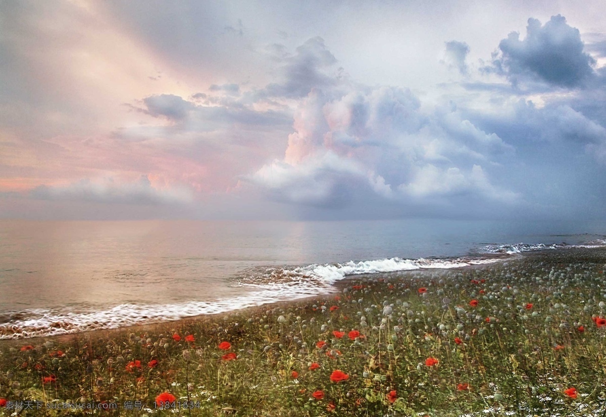 草原 大海 海边 海滩 花丛 花海 美景 梦幻 沙滩 云彩 唯美 美丽自然 自然风景 自然景观 psd源文件