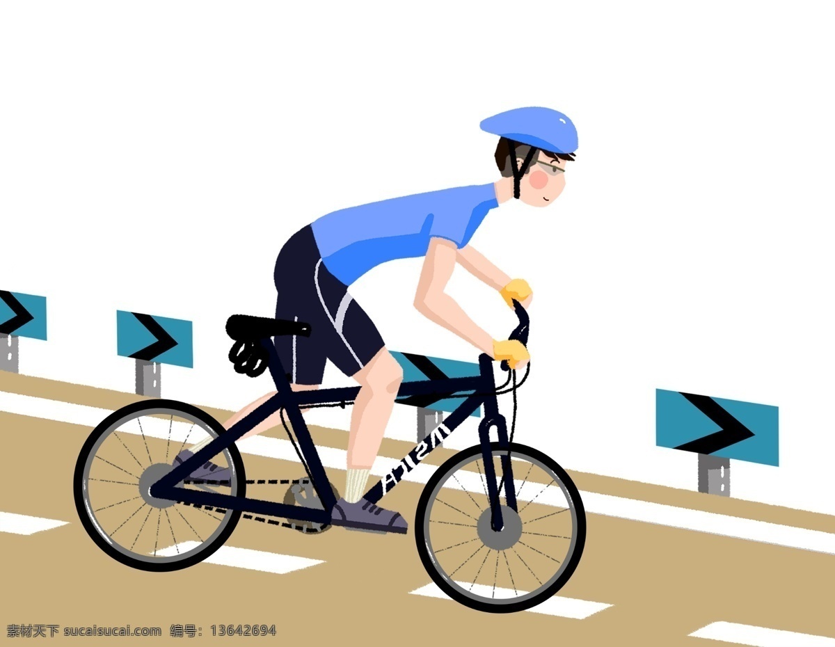 减肥 蓝色 卡通 插画 人物 骑行 自行车 马路 安全装备 速度 路标 男生 开心 愉悦 安全帽