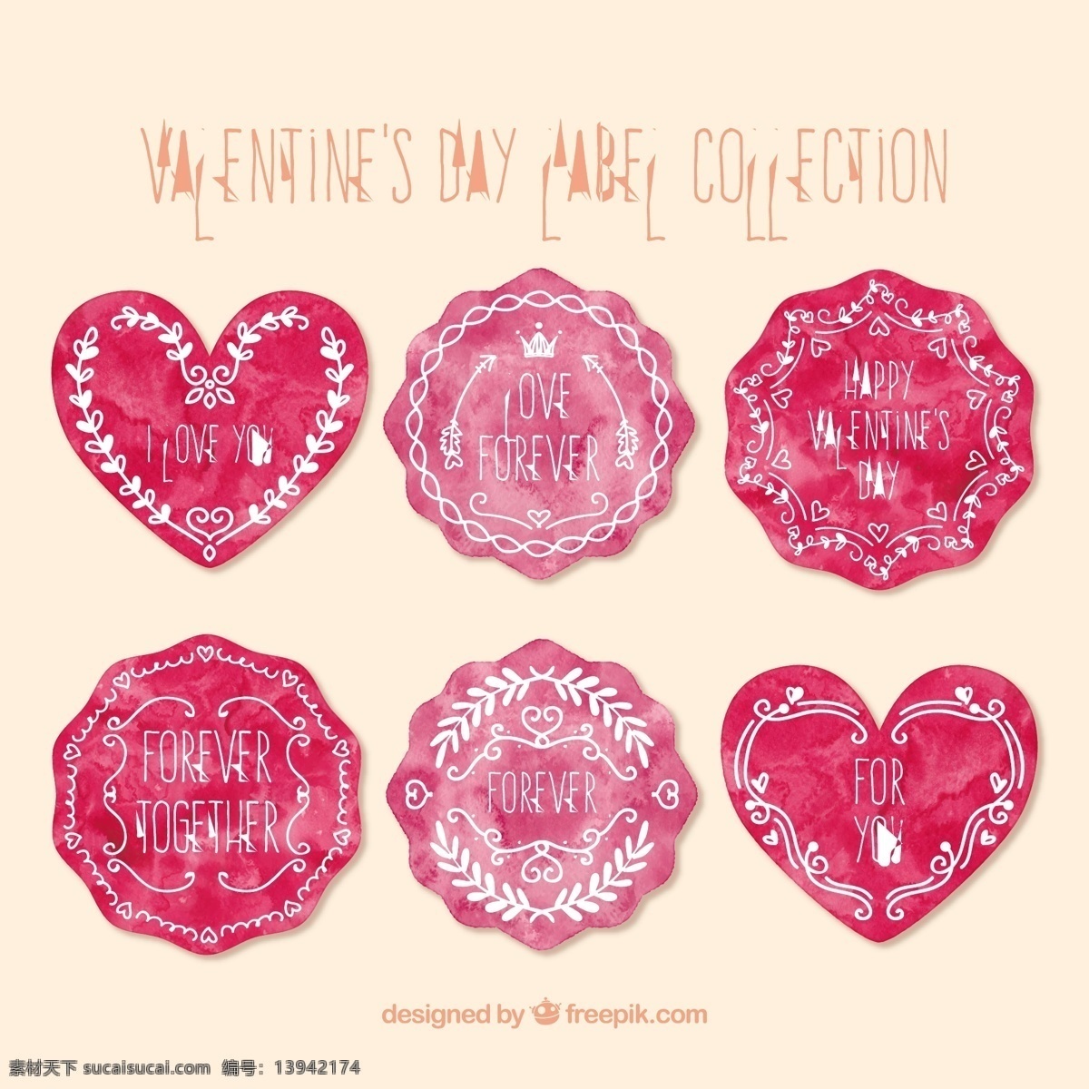 水彩 情人节 标签 收集 心 爱 手 徽章 颜料 粉红色 庆祝 情侣 浪漫 手绘 美丽的 天