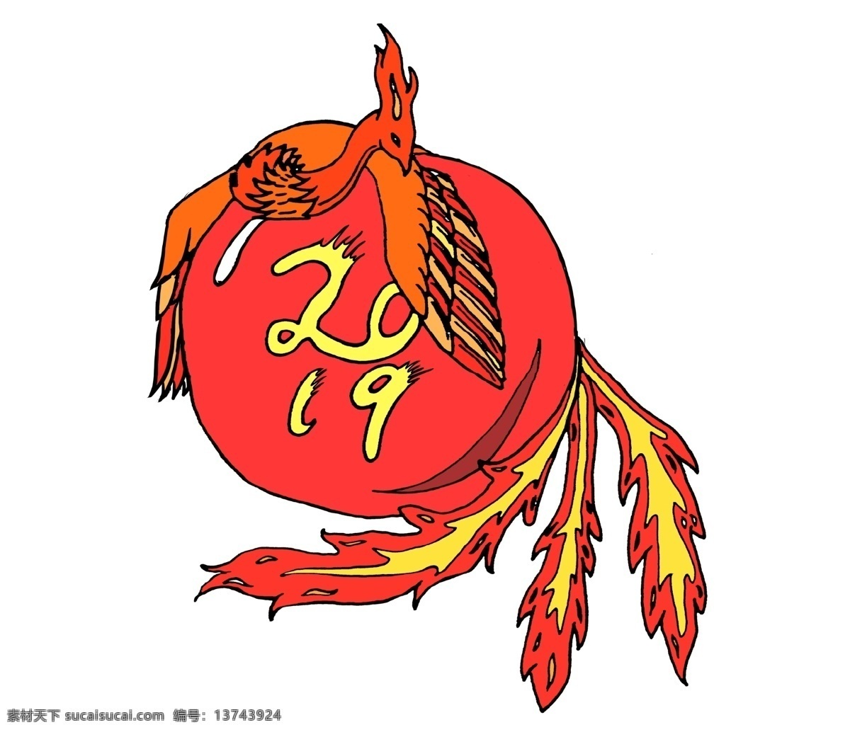 2019 新年 红色 手绘 朱雀 贺岁 免 扣 火焰 休息 数字 美丽 猪年 农历 神兽 祥瑞 火鸟 红红火火 栖息 休憩 水晶 艳丽