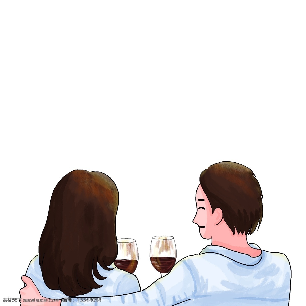情侣 拥抱 喝 红酒 手绘 插画 喝红酒 酒杯 背影 微笑 高脚杯 玻璃杯 杯子 玻璃杯子