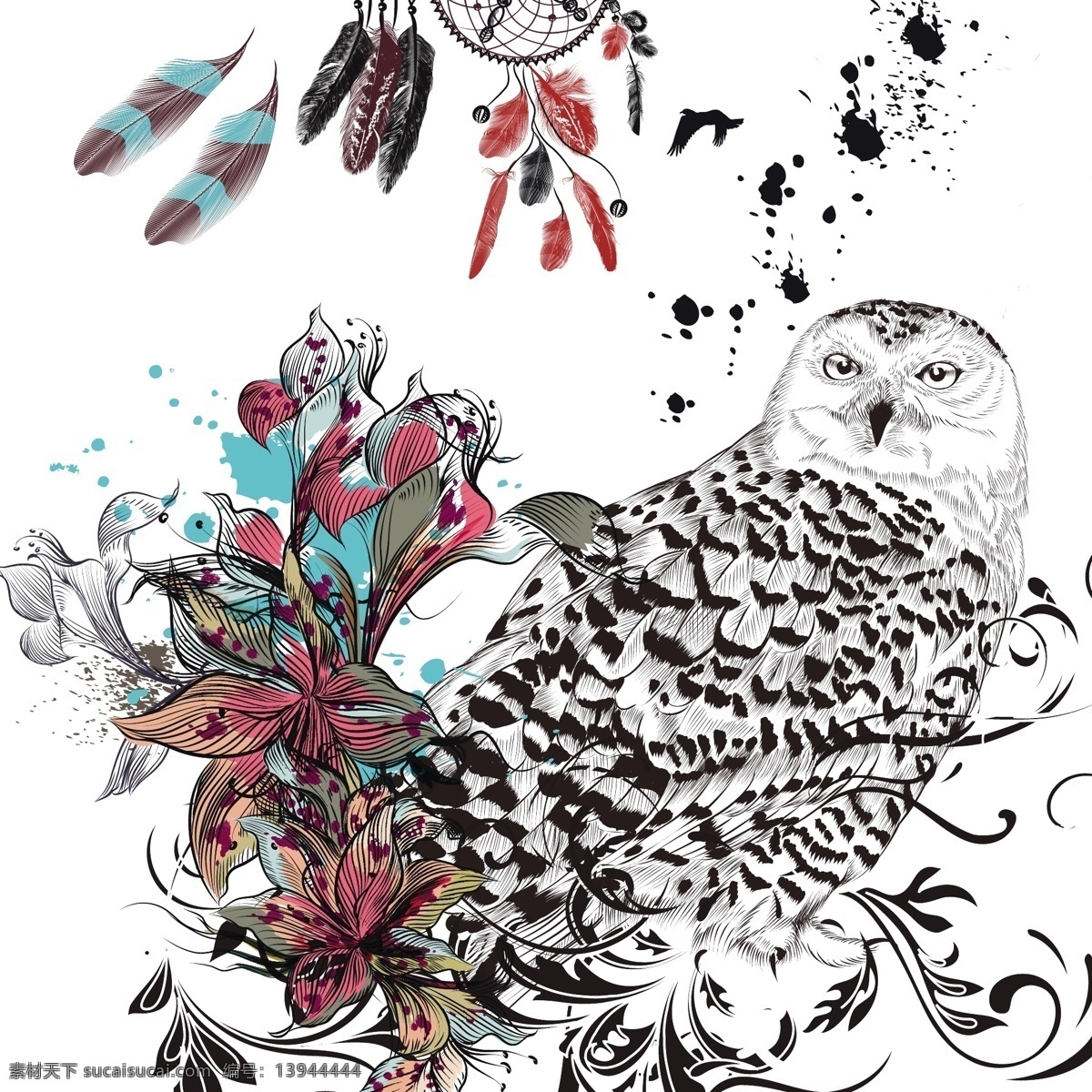波西 米亚 背景 花卉 抽象的设计 一方面 动物 手绘 饰品 猫头鹰 羽毛 装饰 印度 绘画 民族 波希米亚 花饰 部落 观赏