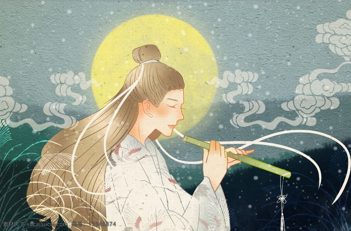 原创 复古 典雅 中国 风月 下 吹 笛子 人 中国风 质感 夜晚 雪花 水墨 吹笛子 月下 中国复古