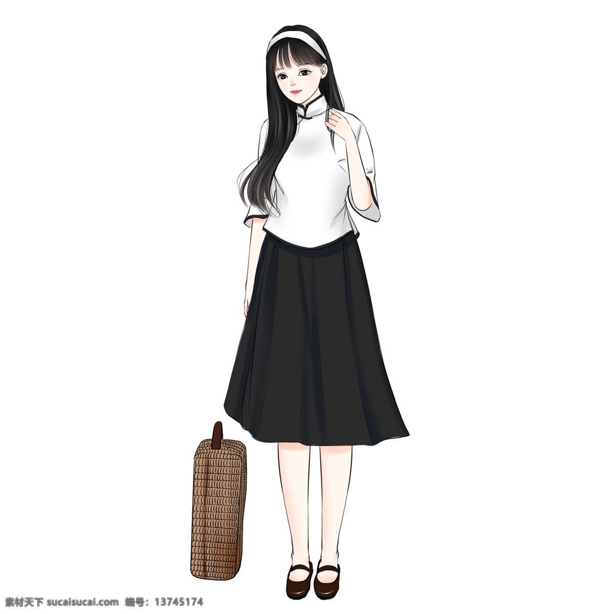 带 行李箱 书香世家 漂亮 民国 少女 三 格子行李箱 白色上衣 黑色长裙 唯美长发 白发发卡 气息 漂亮少女 民国时期 手绘 中国风