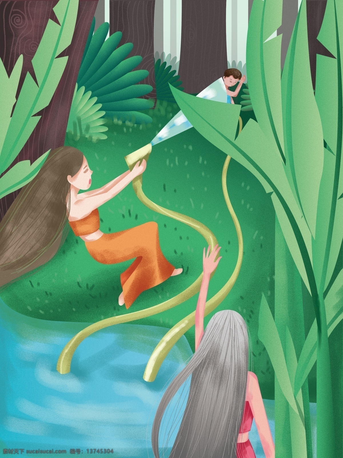 原创 手绘 小 清新 插画 泼水节 傣族 女孩 节日 传统节日 小清新插画