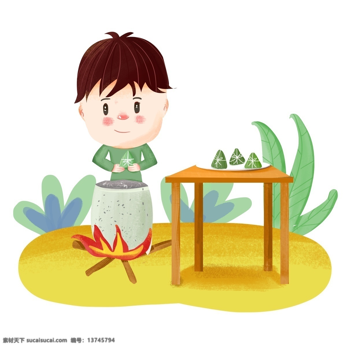 简约 手绘 风 端午节 煮 粽子 可爱 孩子 煮粽子 可爱哈子 端午 野炊
